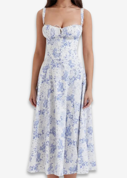 Lucia | vestido floral con bustier y cintura marcada